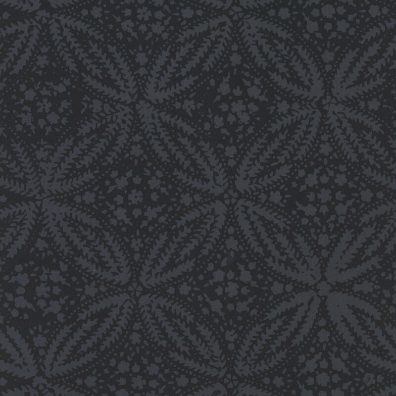 black batik fabric featuring a very dark blue damask floral pattern
