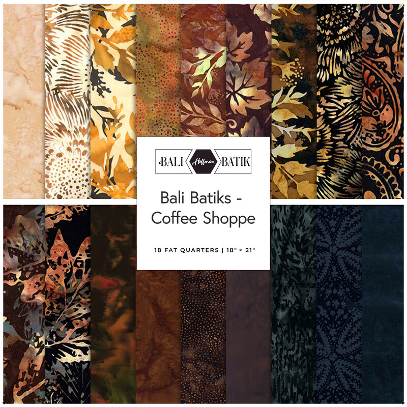A collage of fabrics included in the Coffee Shoppe collection with cream, browns, and blacks with a floral and watercolor theme.