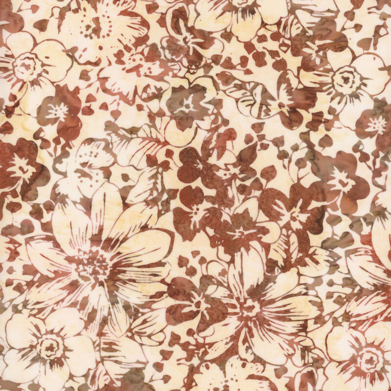 Brown and khaki fabric with a mottled floral and leaf design.