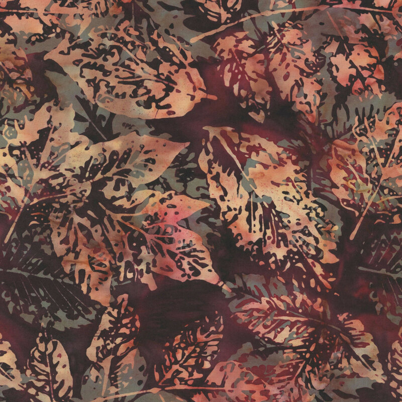 Mottled dark brown fabric with a leaf pattern in lighter brown and green hues.