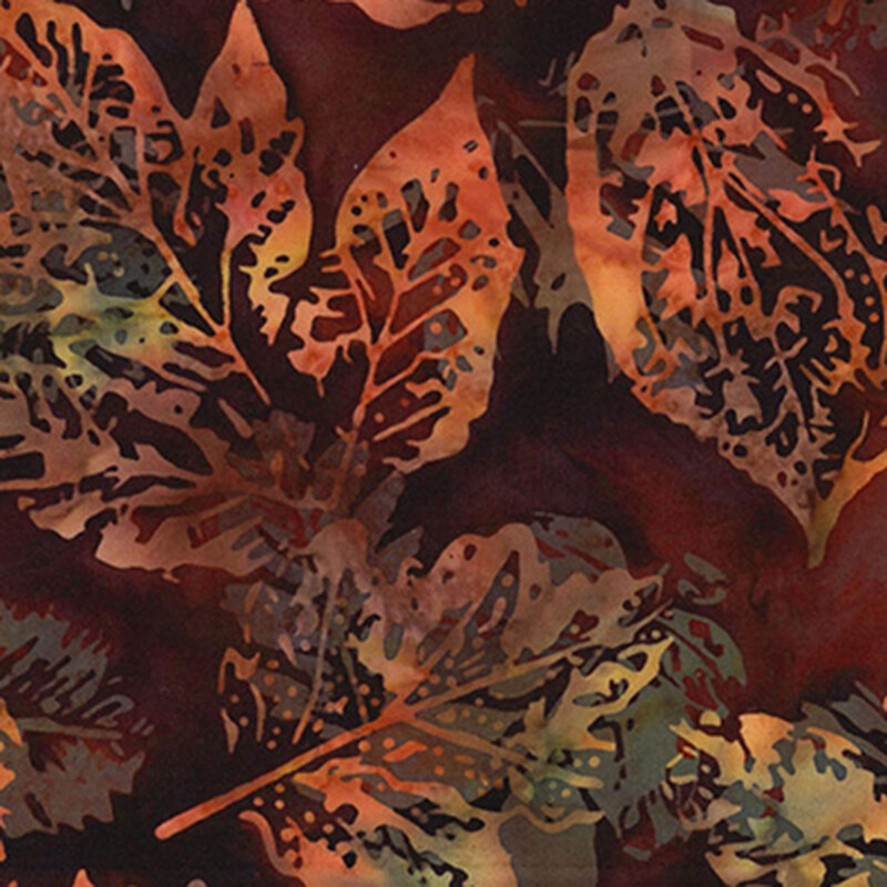 Mottled dark brown fabric with a leaf pattern in lighter brown and green hues.