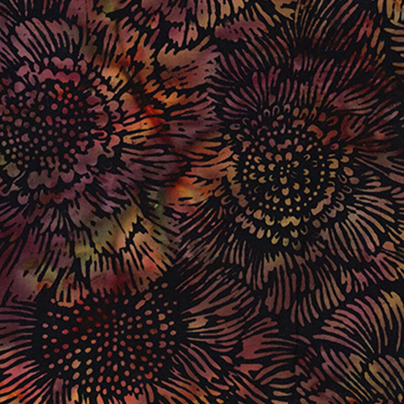 Black batik fabric with a dense pattern of large mottled florals.