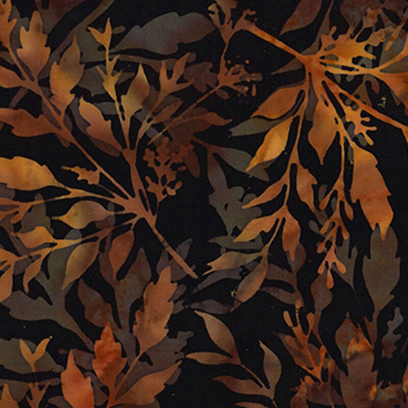 Black fabric with a pattern of large mottled leaves in brown hues.