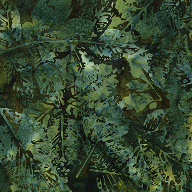 Mottled dark green fabric with a pattern of forest leaves in lighter green tones.