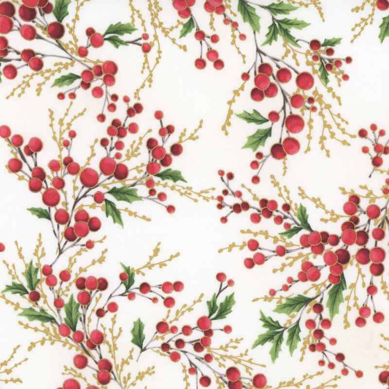 cream background with twigs of red holly berries and holly leaves, with accenting gold twigs
