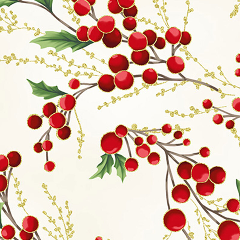 cream background with twigs of red holly berries and holly leaves, with accenting gold twigs