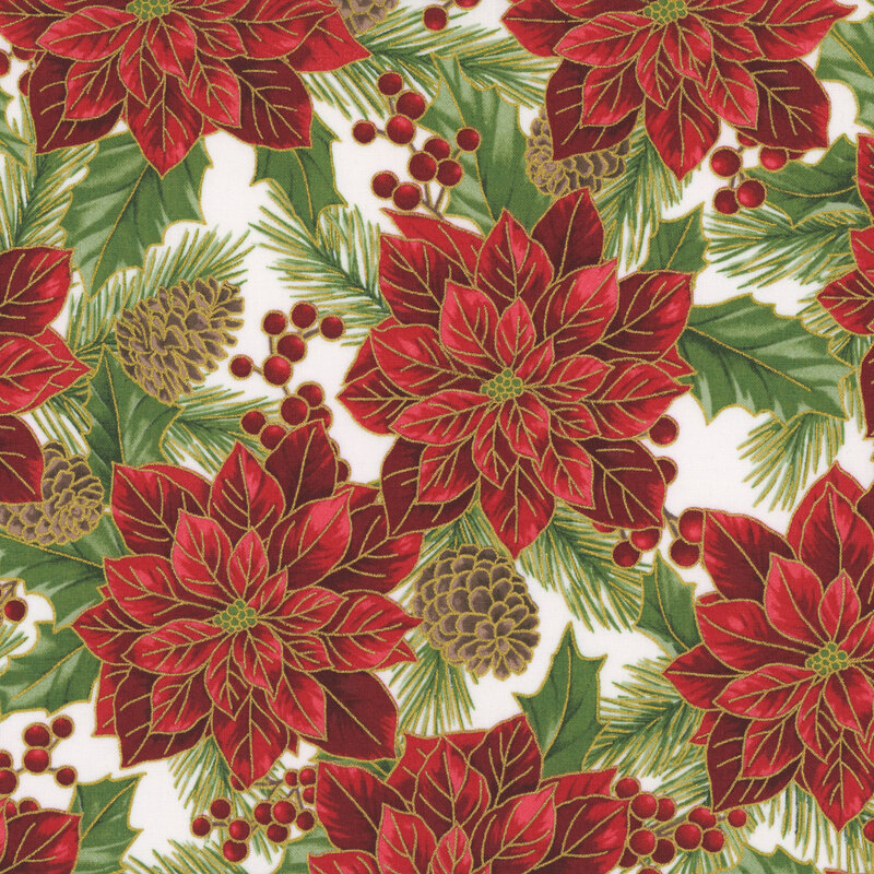 A cream background with large red poinsettias and pinecones, outlined with metallic gold