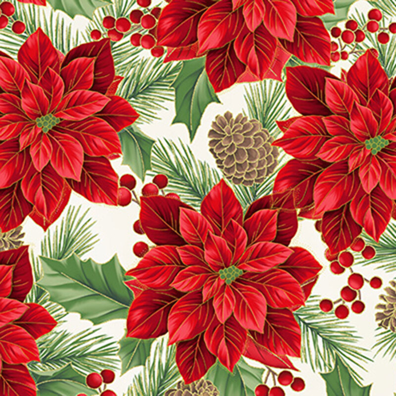 A cream background with large red poinsettias and pinecones, outlined with metallic gold