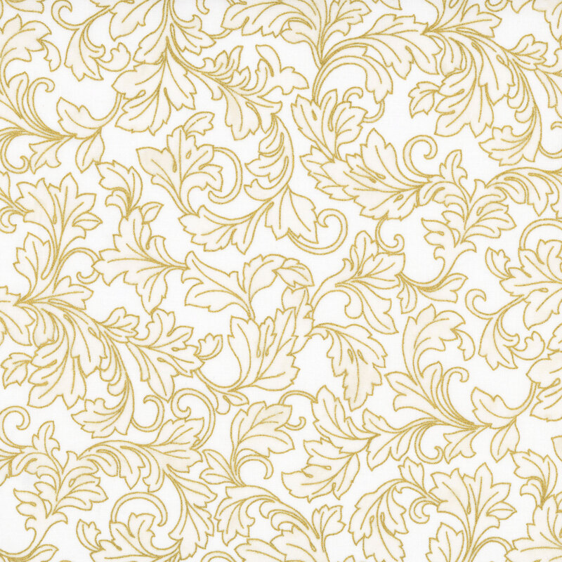 Off-white background with cream ornamental leaves outlined in metallic gold