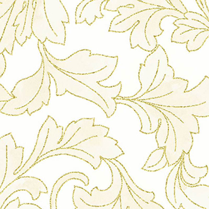 Off-white background with cream ornamental leaves outlined in metallic gold
