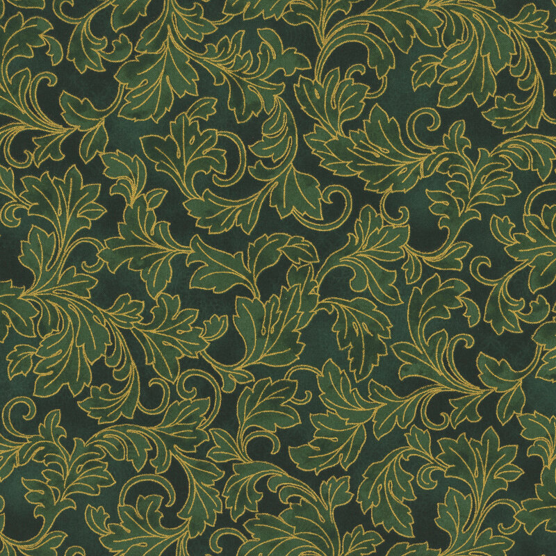 Forest green patterned background with hunter green ornamental leaves outlined in metallic gold