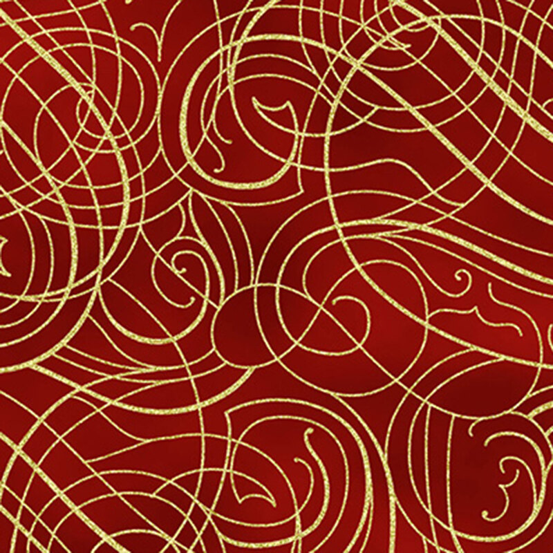 Mottled cardinal red background with metallic gold ornamental swirls