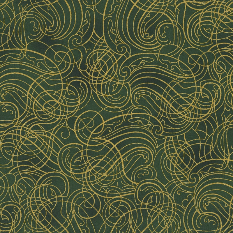 Mottled hunter green background with metallic gold ornamental swirls