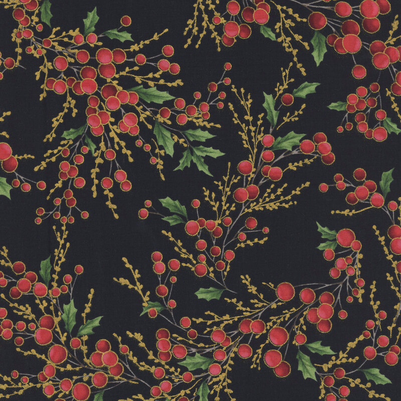 Black background with twigs of red holly berries and holly leaves, with accenting gold twigs