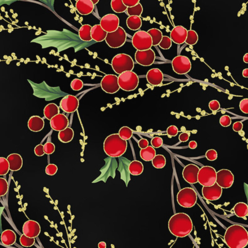Black background with twigs of red holly berries and holly leaves, with accenting gold twigs