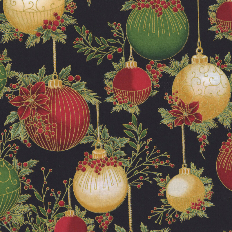 Black background featuring red, gold, and green Christmas ornaments hanging from twigs and branches of holly and pine, with metallic gold accents.