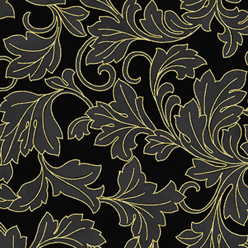 Black background with grey ornamental leaves outlined in metallic gold