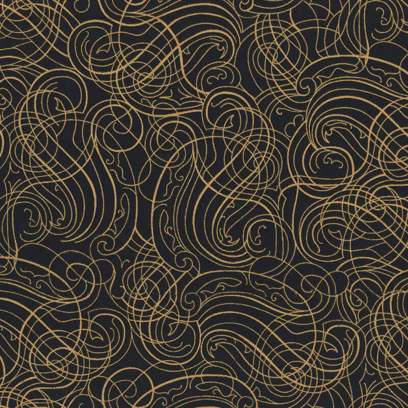 Black fabric with metallic gold ornamental swirls