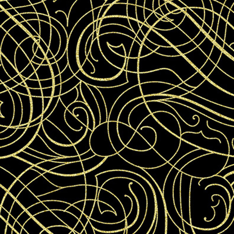 Black background with metallic gold ornamental swirls