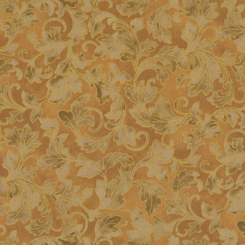 Yellow beige patterned background with gold ornamental leaves outlined in metallic gold