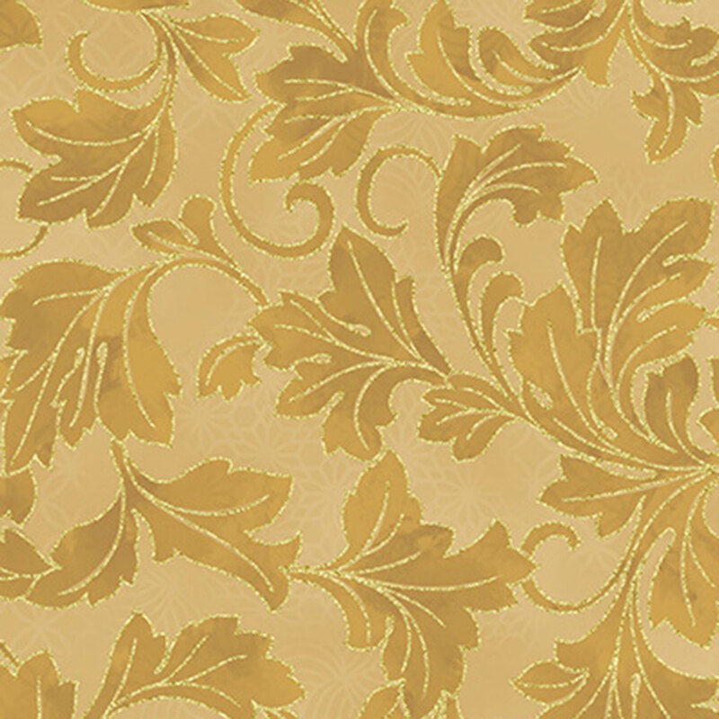 Yellow beige patterned background with gold ornamental leaves outlined in metallic gold