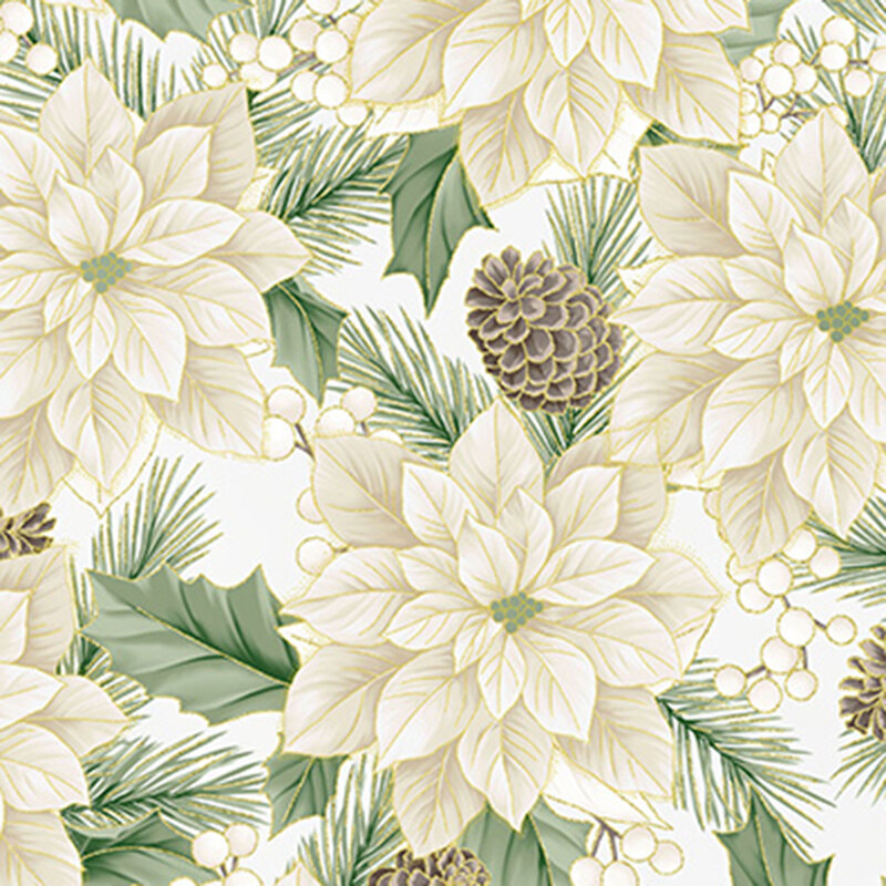 A black background A white background with large ivory poinsettias and pinecones, outlined with metallic gold