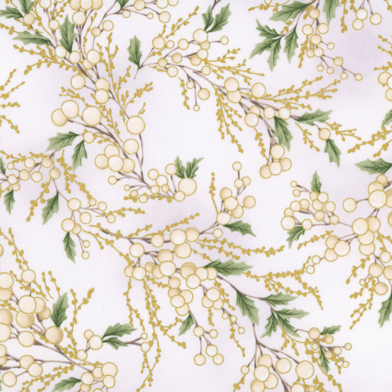 A cream background with twigs of white holly berries and holly leaves, with accenting gold twigs