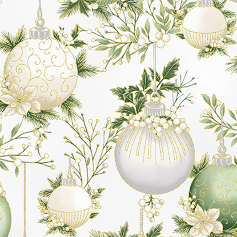 Ivory background featuring white, cream, and green Christmas ornaments hanging from twigs and branches of holly and pine, with metallic gold accents.