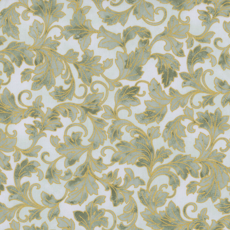 Mint patterned background with mottled sage green ornamental leaves outlined in metallic gold