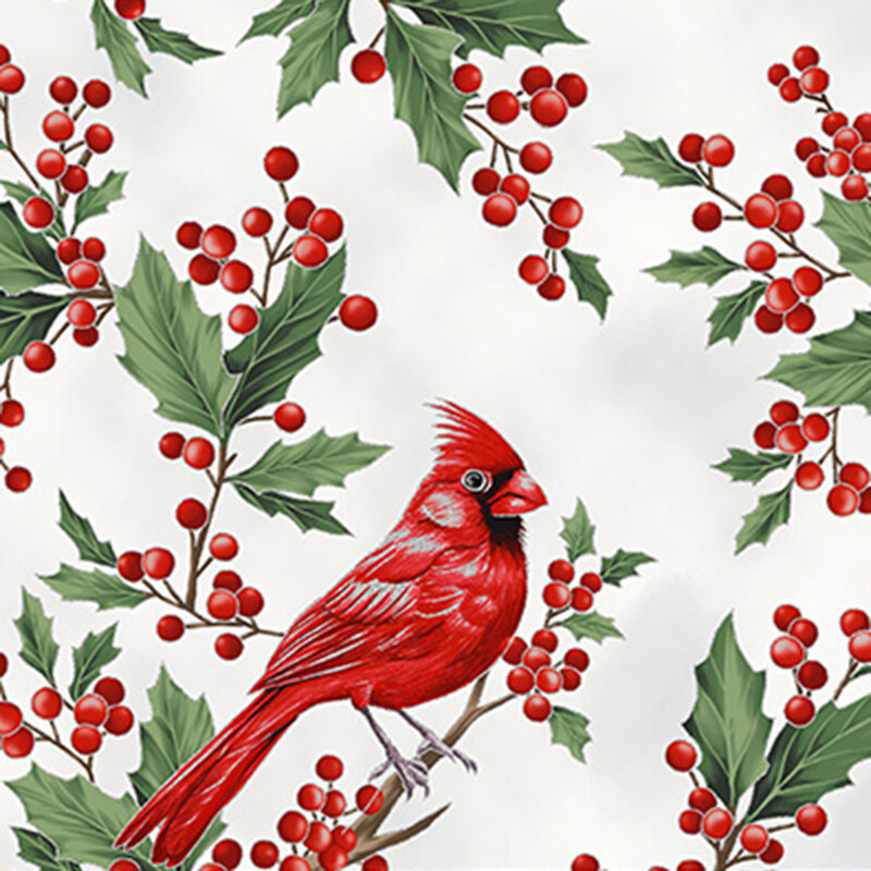 White background featuring holly branches with red cardinals and silver metallic accents. 