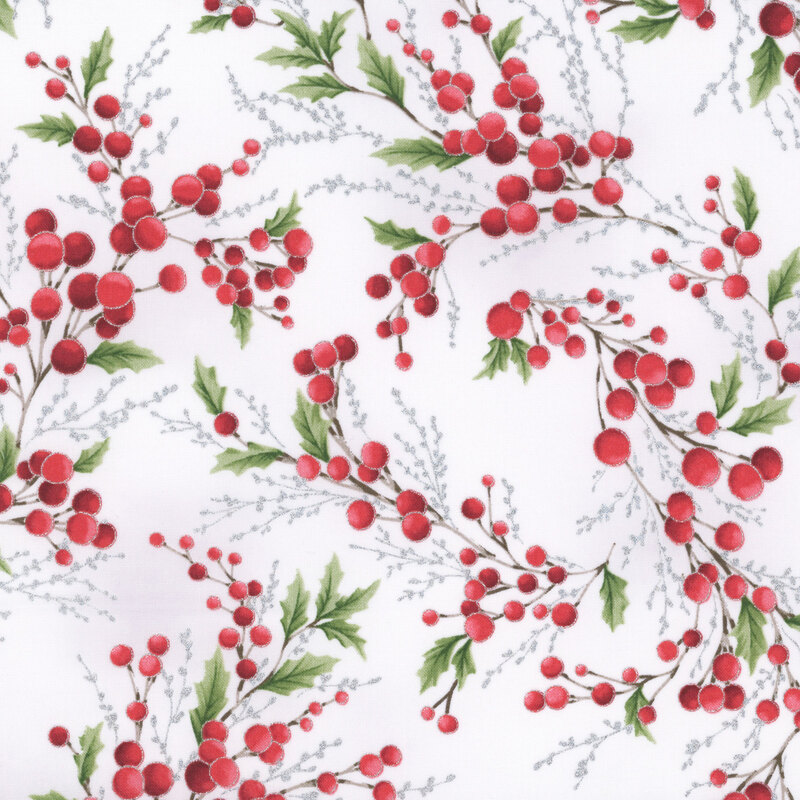 A white background with twigs of red holly berries and holly leaves, with accenting silver twigs