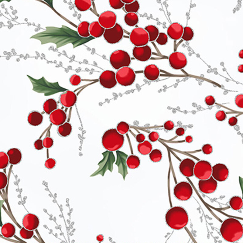 A white background with twigs of red holly berries and holly leaves, with accenting silver twigs