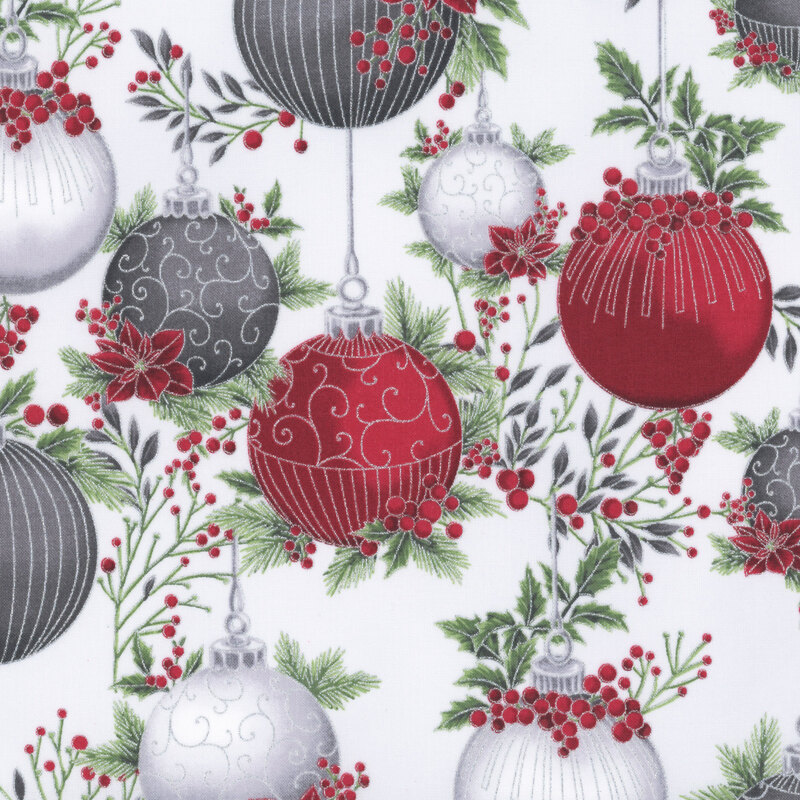 Light gray background featuring white, red, and gray Christmas ornaments hanging from twigs and branches of holly and pine, with metallic silver accents.