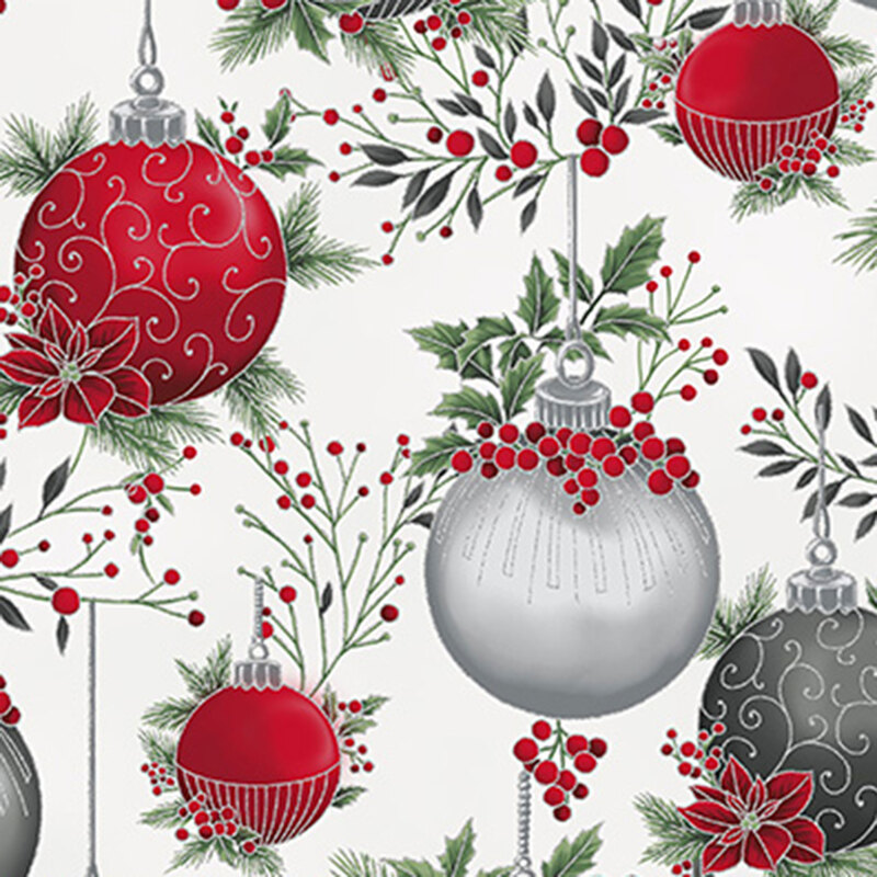 Light gray background featuring white, red, and gray Christmas ornaments hanging from twigs and branches of holly and pine, with metallic silver accents.