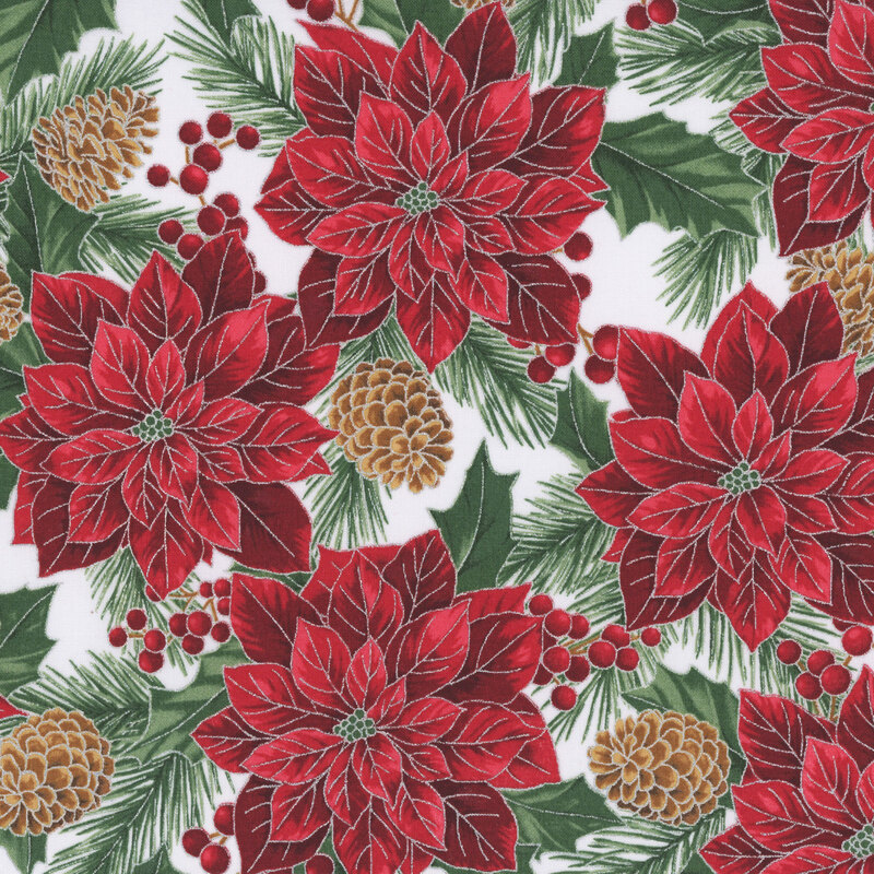 A white background with large red poinsettias and pinecones, outlined with metallic silver