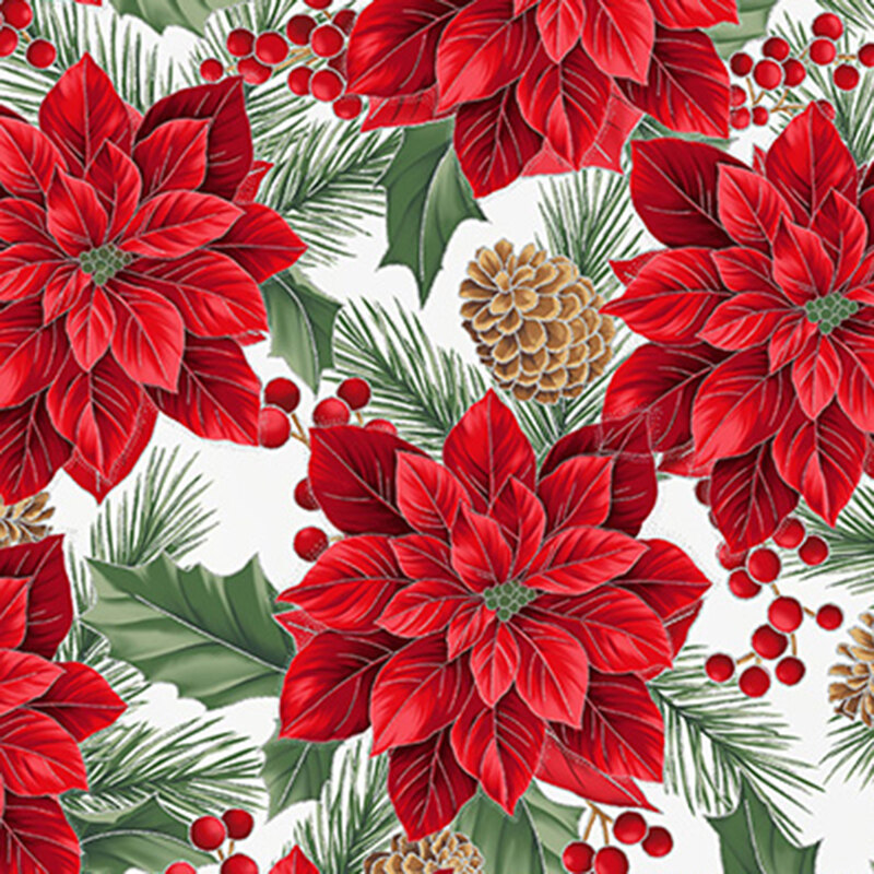 A white background with large red poinsettias and pinecones, outlined with metallic silver