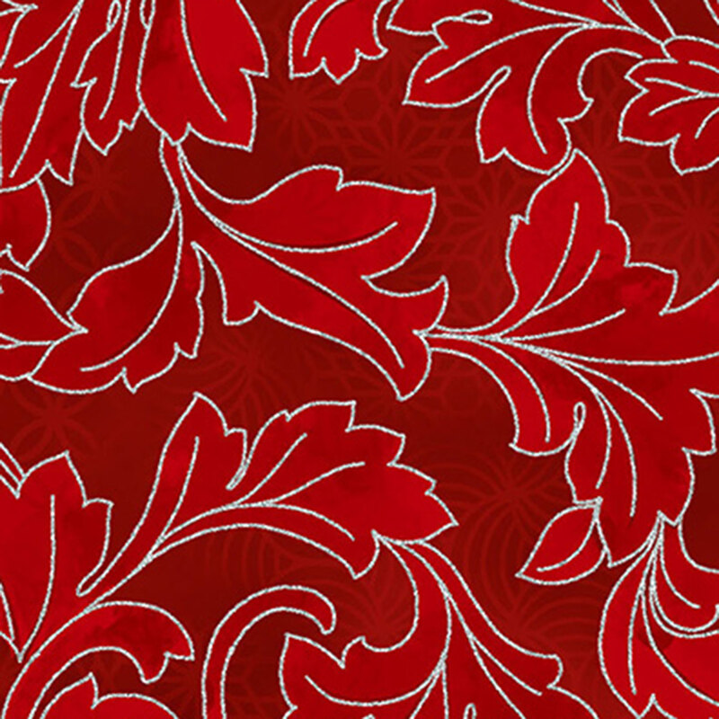 Maroon patterned background with ruby ornamental leaves outlined in metallic silver