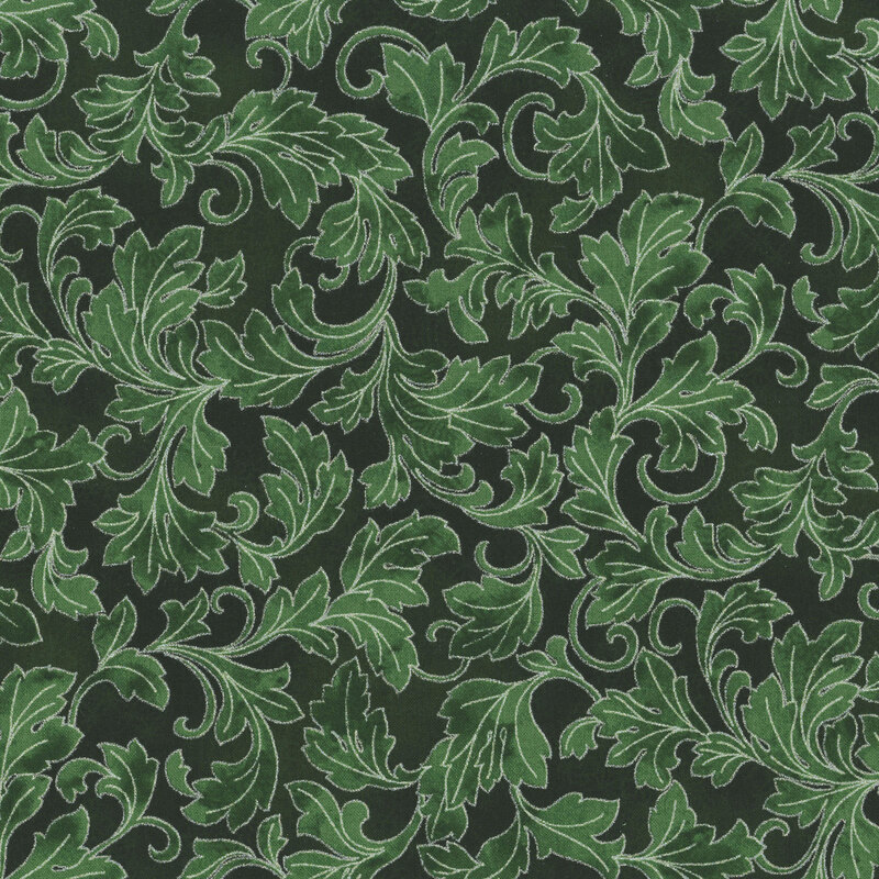 Dark green patterned background with mottled emerald ornamental leaves outlined in metallic silver
