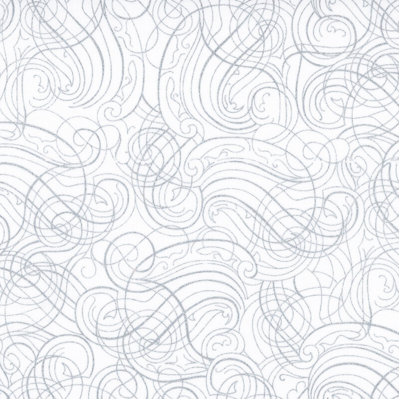 White background with metallic silver ornamental swirls