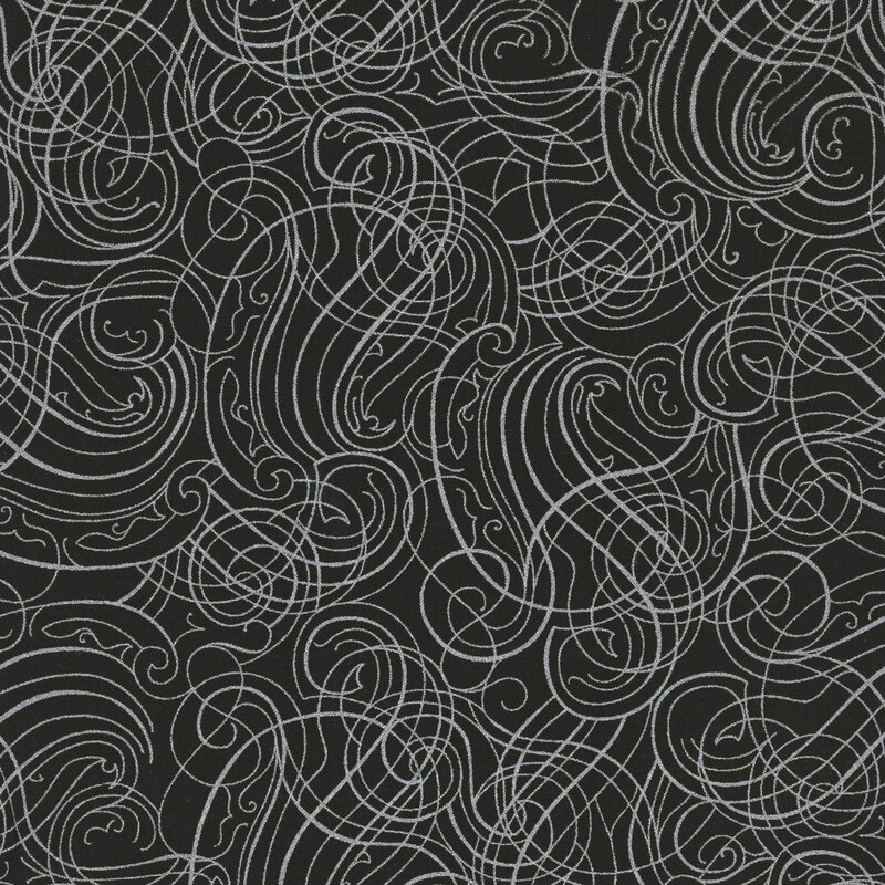 Black background with metallic silver ornamental swirls