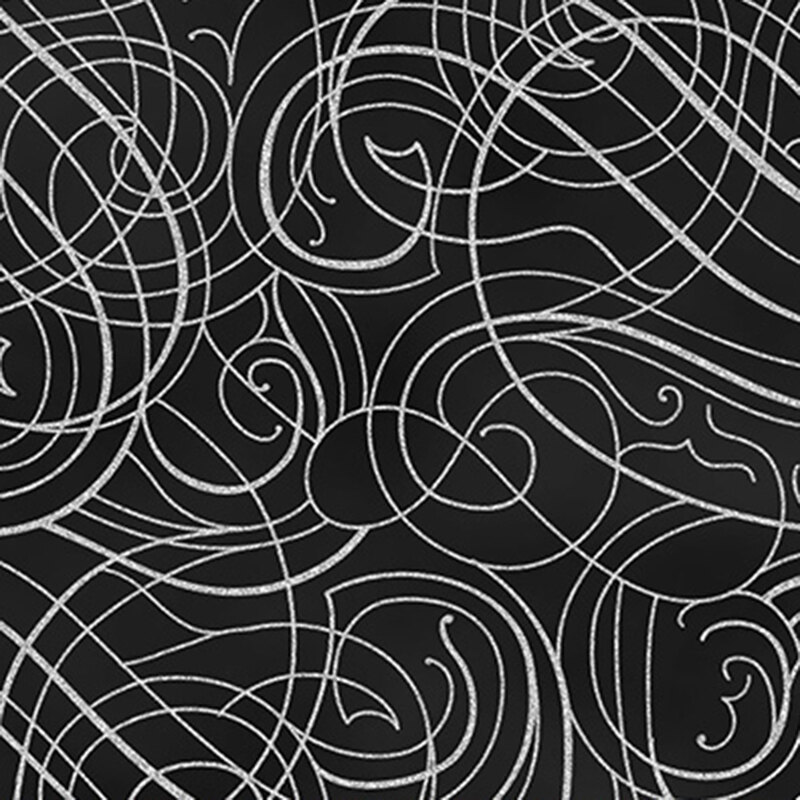 Black background with metallic silver ornamental swirls