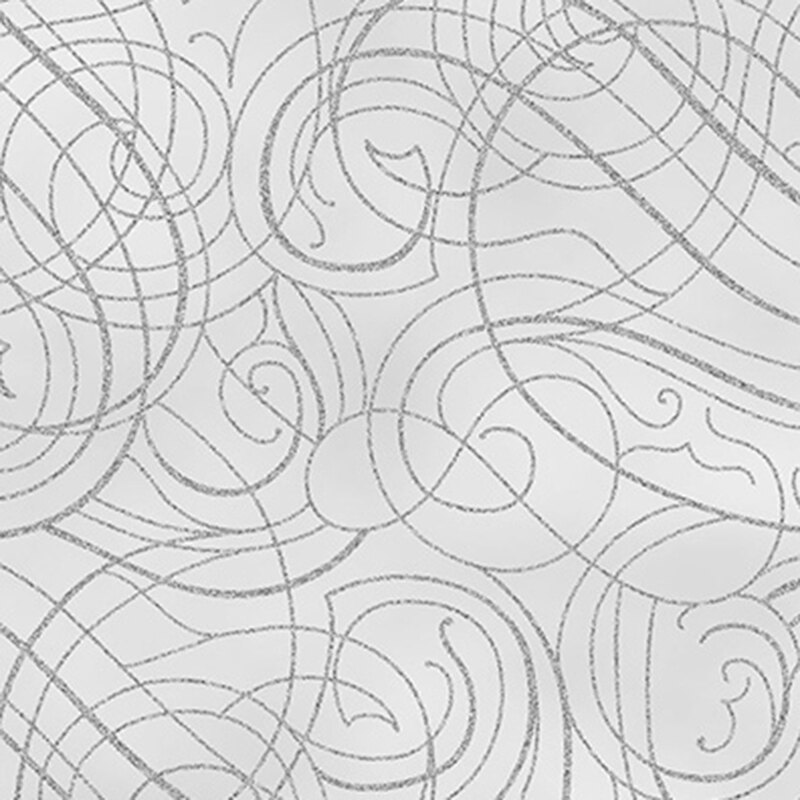 Mottled light gray background with metallic silver ornamental swirls