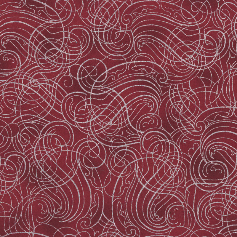 Ombre crimson background with metallic silver ornamental swirls