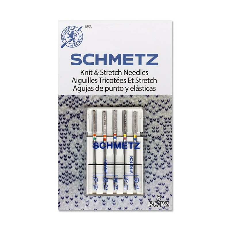 A 5 pack of Schmetz Knit & Stretch Needles in various sizes