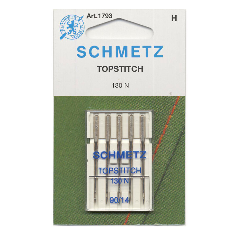 Pack of five Schmetz topstitch sewing needles on a white background.