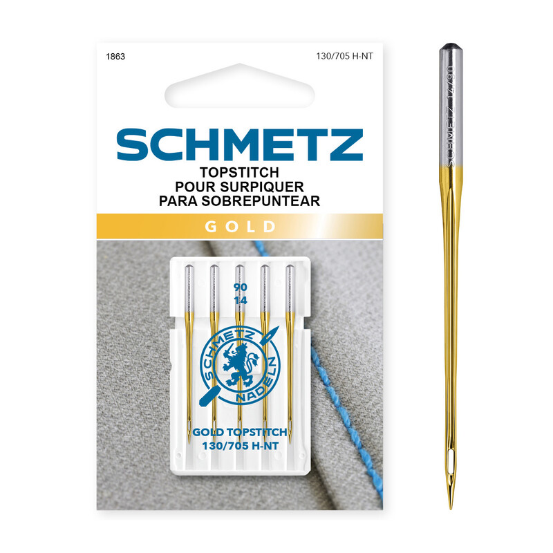 Schmetz Gold Topstitch Needles - Size 90/14 - 5ct, isolated on a white background.