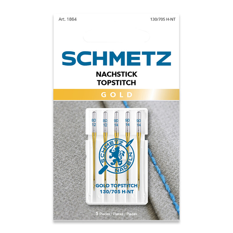 Schmetz Gold Topstitch Needles - Assortment - 5ct, isolated on a white background.