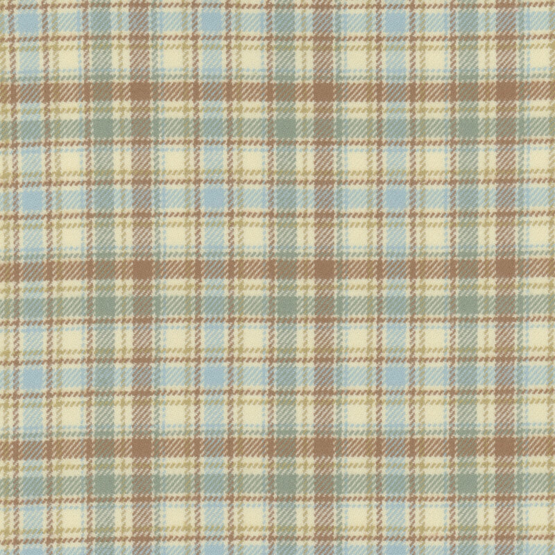 Flannel with a blue, teal, and caramel plaid pattern on a cream background.