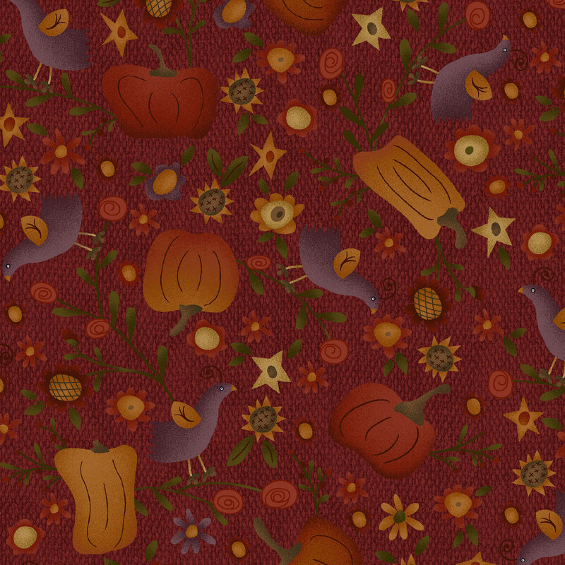 A woven textured brick red fabric with scattered pumpkins, quail, and sunflowers