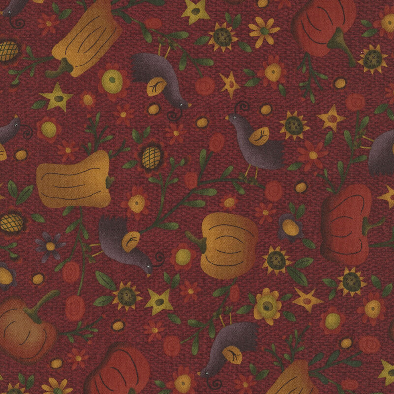 A woven textured brick red fabric with scattered pumpkins, quail, and sunflowers